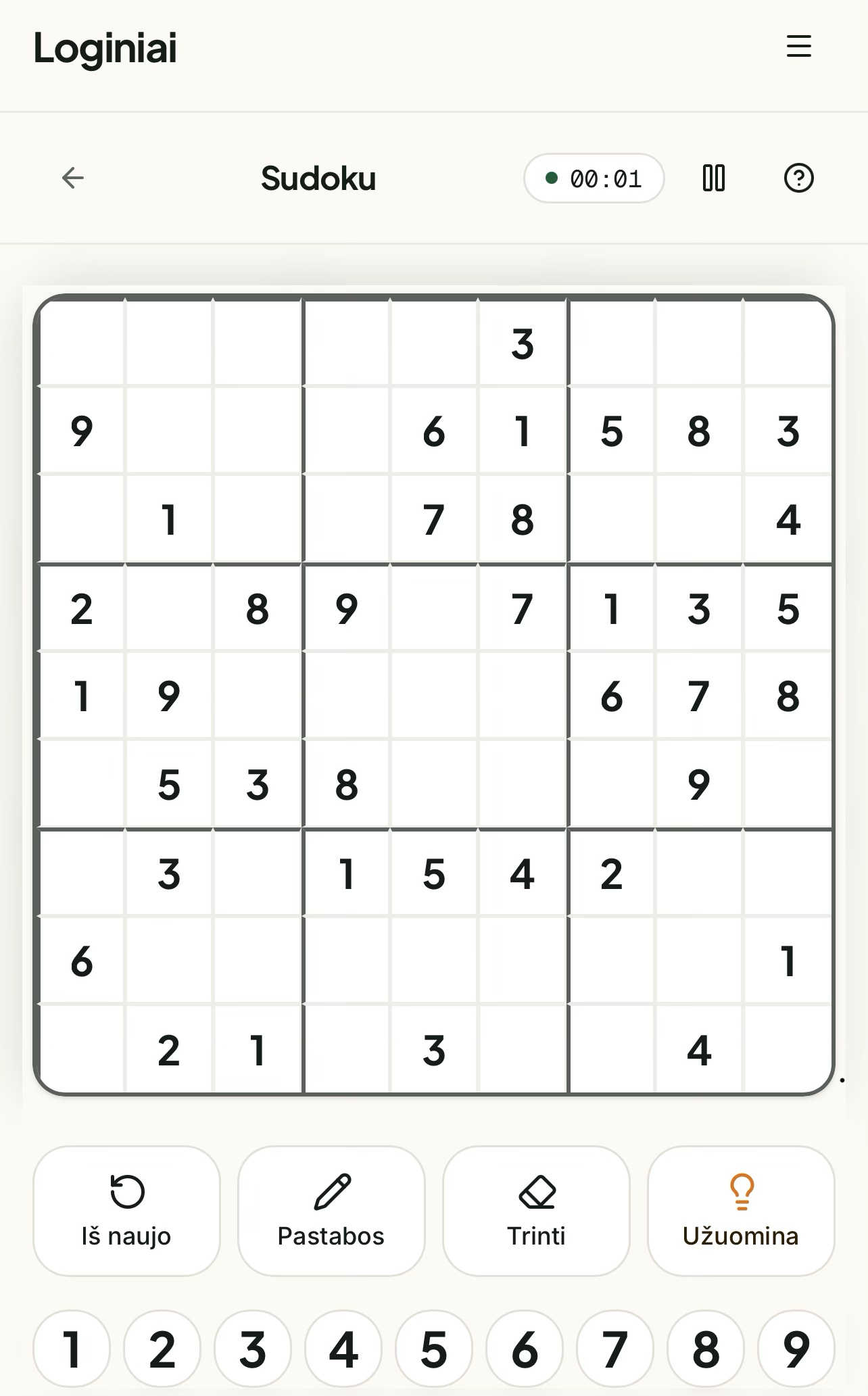 Sudoku tinklelis žaidimo pradžioje su užuominomis