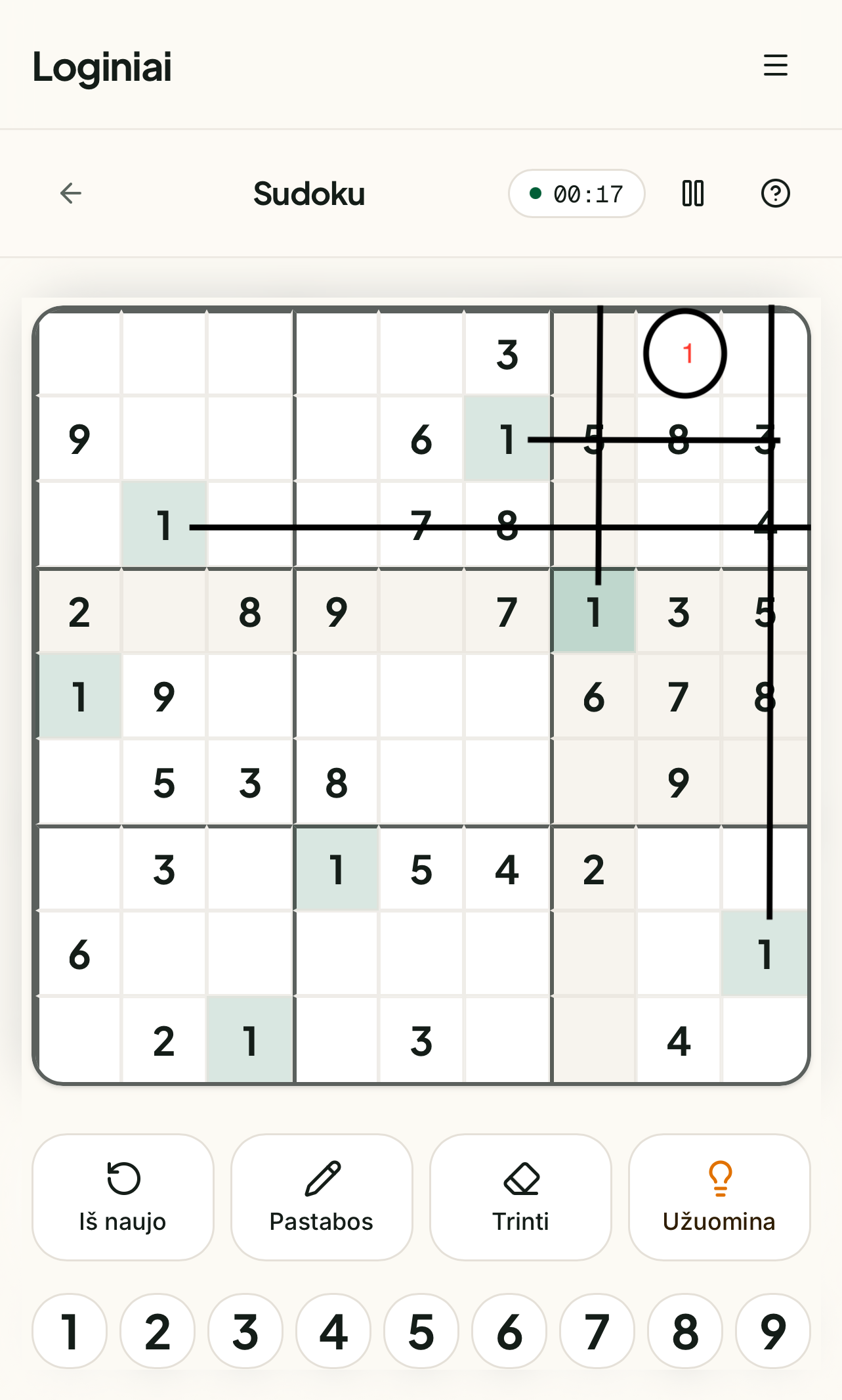 Horizontali ir vertikali eliminacija Sudoku tinklelyje