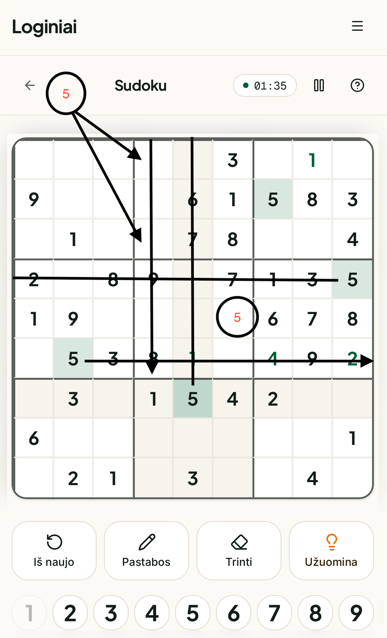 Dviejų eilučių eliminacijos metodas Sudoku