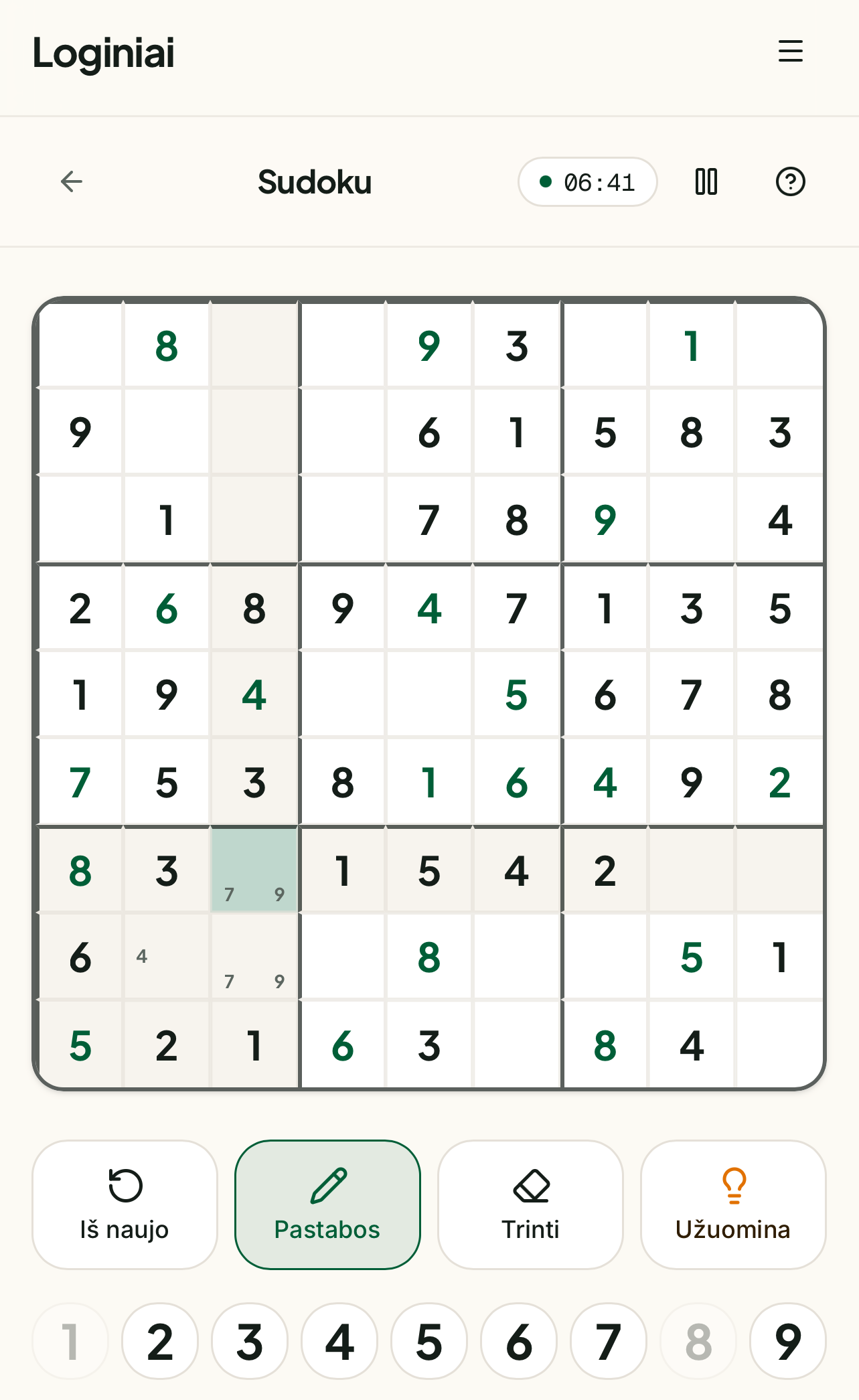 Sudoku pastabų funkcija — galimi skaičiai langelyje