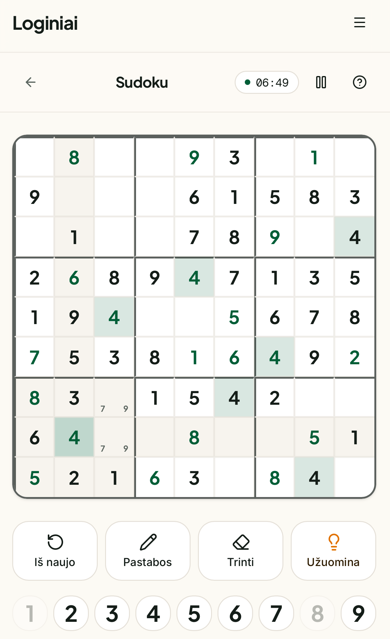 Pastabos pakeičiamos tikru skaičiumi Sudoku langelyje