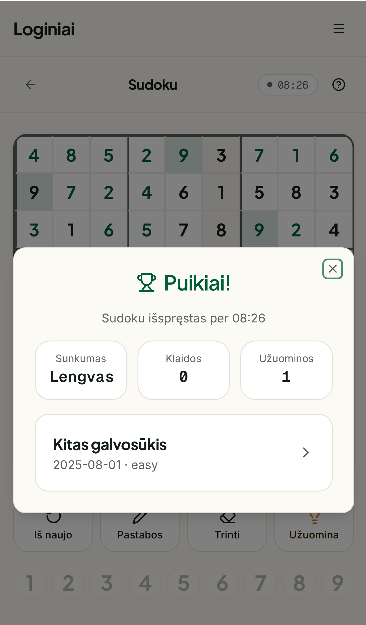 Užbaigtas Sudoku — Puikiai! ekranas su statistika